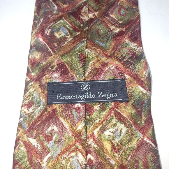 Ermenegildo Zegna Silk Tie Red Green Geometeric Squares Men Necktie 57 x 3.75 - Picture 2 of 5